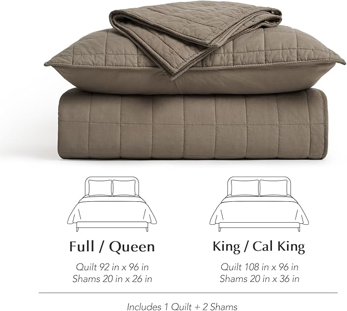 EVERGRACEHOME 100% Cotton Box Stitch Quilt Bedding Set Queen Size 3 Pieces, Garment-Washed Lightweight Soft Cozy Coverlet, Quilted Bedspread Sets with 2 Shams for All Season, Mocha Brown