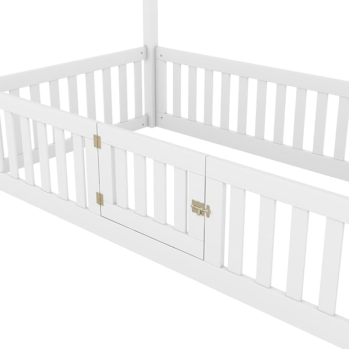 Bellemave Twin House Bed for Kids, Wooden Kids bedframe with Rails and roof, Montessori Floor beds, White with Door no slats