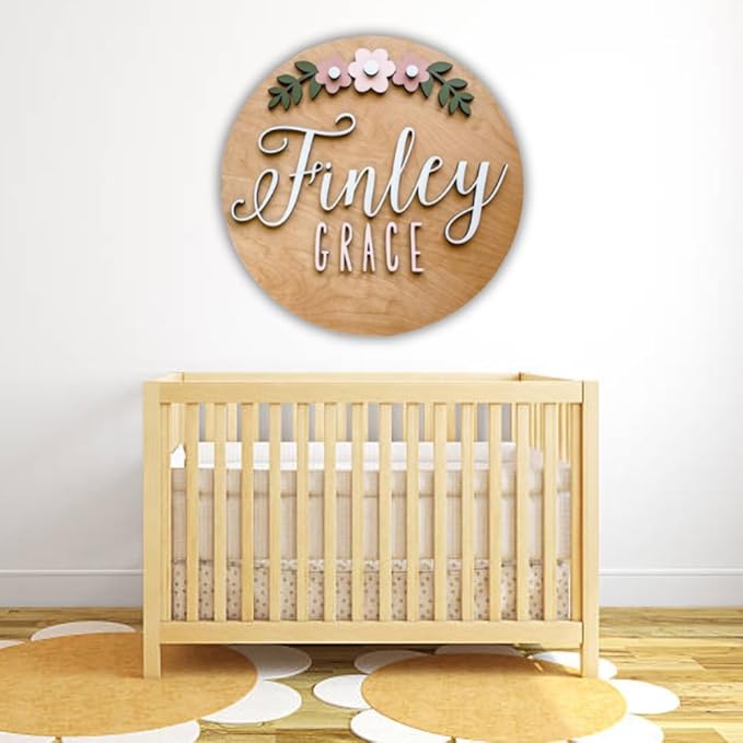 Personalized Wooden Name Sign - Custom Baby Name Signs for Nursery & Kids Room Decor - Baby Announcement Sign - Name Wall Art - Wooden Letters for Wall - Custom Round Nursery Name Sign (Design 8)