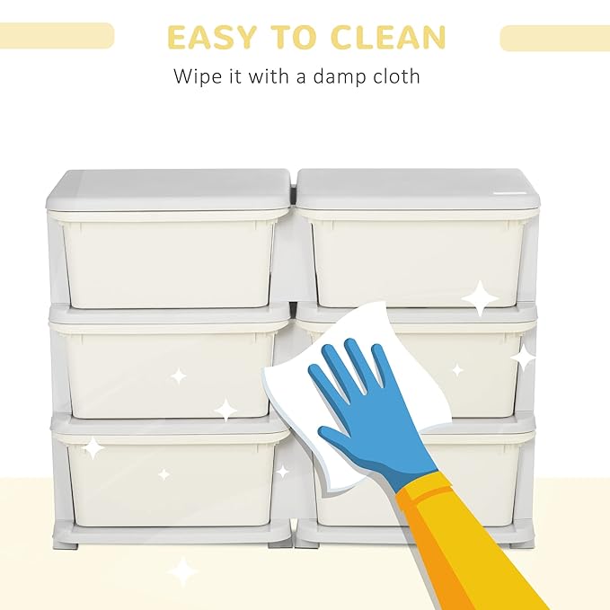 Qaba 3 Tier Kids Storage Unit, 6 Drawer Chest Toy Organizer Plastic Bins for Kids Bedroom Nursery Kindergarten Living Room for Boys Girls Toddlers, Cream White