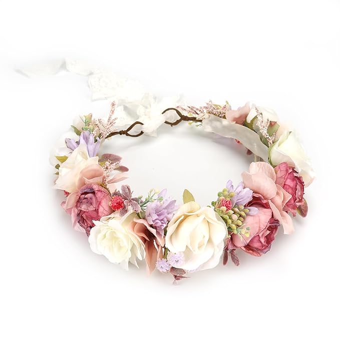 Flower Crown for Girls Children Floral Headpiece Pink Kids Headband Wedding Holo Hair Accessories Birthday Photo Prop (Dark Pink)