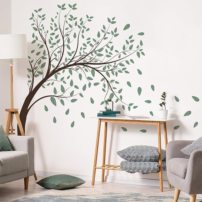 4 Sheets Green Tree Wall Decals Big Tree Wall Stickers Large DIY Peel and Stick Flying Leaves Wall Decor for Kids Bedroom Living Room Nursery Rooms TV Sofa Background Decoration