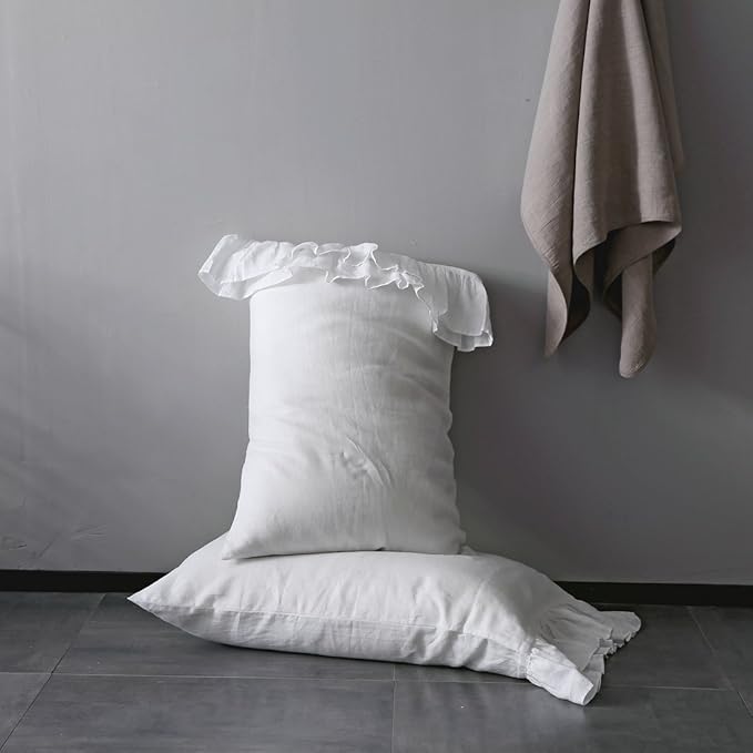 Ruffles Linen Pillowcase, Pure Flax Pillow Sham 100% French Linen Ruffled Pillow Cover, Standard, Queen, King Size 1 PCS (King, White)
