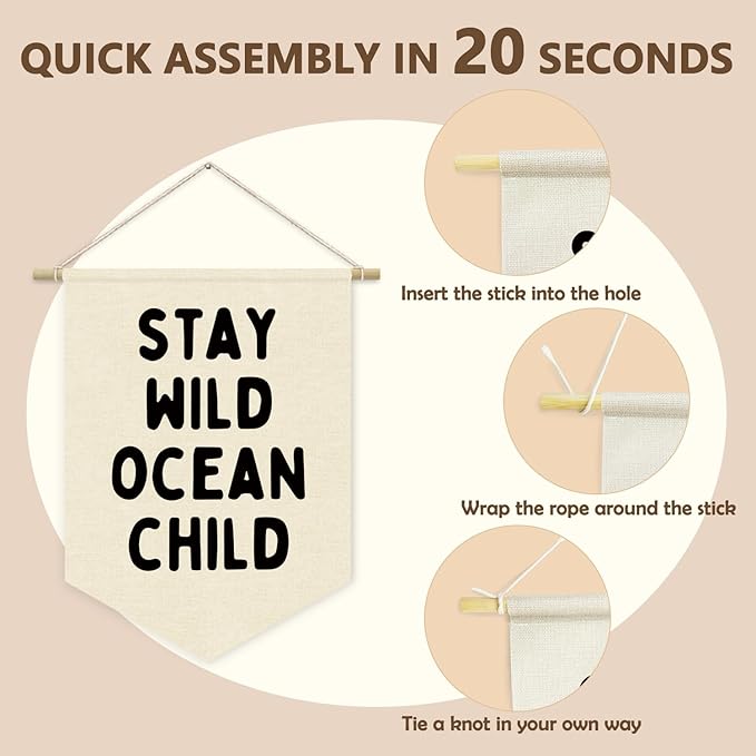 Ocean Nursery Decor, Stay Wild Ocean Child Linen Canvas Banner, Coastal Nautical Nursery Wall Hanging Pennant Flag Banner for Kids Toddler Room Bedroom Playroom Decor, 15x11in