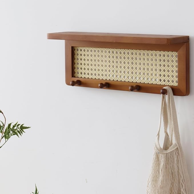 FRIADE PE Rattan Key Holder with 4 Key Hooks,Wall Mounted Decorative Floating Shelf for Entryway,Nursery,Mudroom, Hallway, Office (Retro Brown)