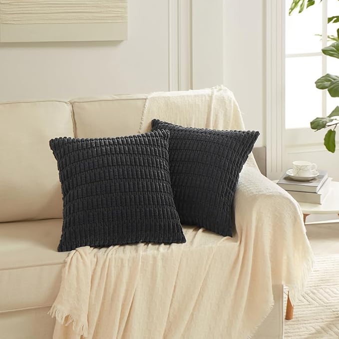 Fancy Homi 2 Packs Black Decorative Throw Pillow Covers 18x18 Inch for Living Room Couch Bed Sofa, Rustic Farmhouse Boho Home Decor, Soft Striped Corduroy Square Cushion Case 45x45 cm