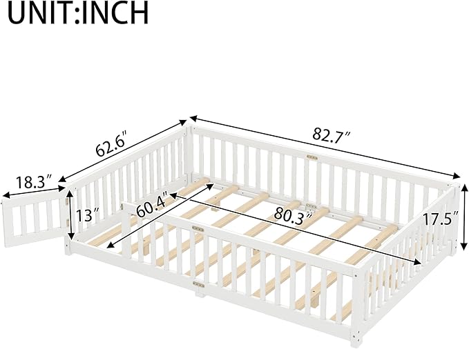 Ball & Cast Queen Size Toddler Floor Bed W/Rails,Montessori Bed for Toddlers W/Removed Slats & Switched Door,Low Profile Bed Frame for Girls & Boys,No Spring Box Required,White