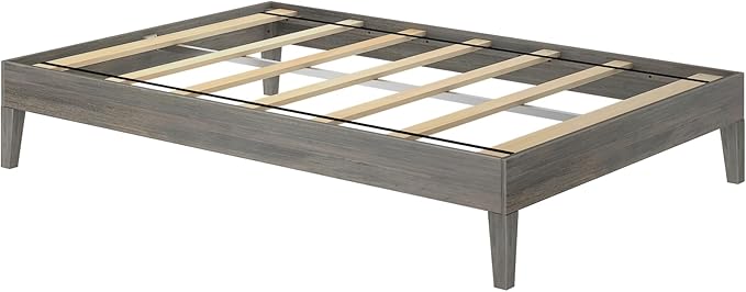 Max & Lily Fundamental Full Platform Bed Frame, Kids Modern Solid Wood Bed, Strong Wooden Slats, Non-Toxic Finishes, Driftwood