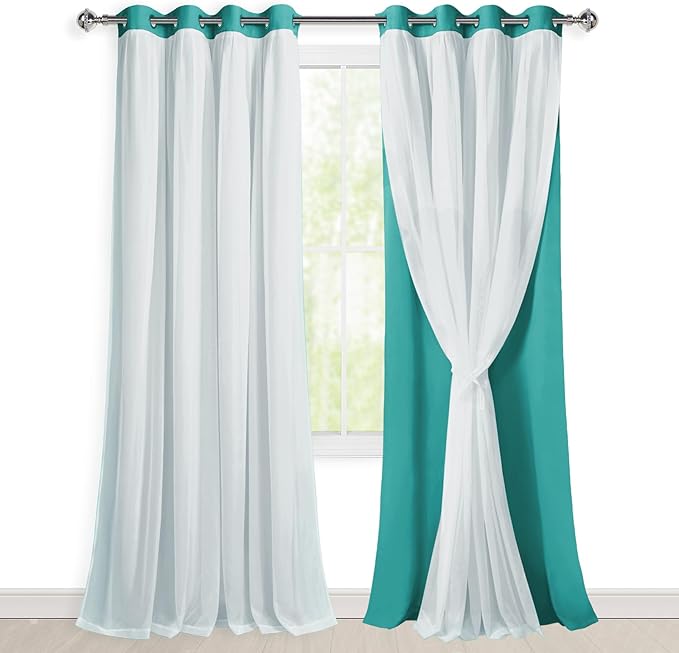 Hiasan Mix&Match Blackout Curtains with Sheer Overlay, Double Layer Thermal Insulated Privacy Grommet Window Curtains for Girls Bedroom,Living Room,2 Drape Panels with Tiebacks,Peacock Teal,52W X 96L