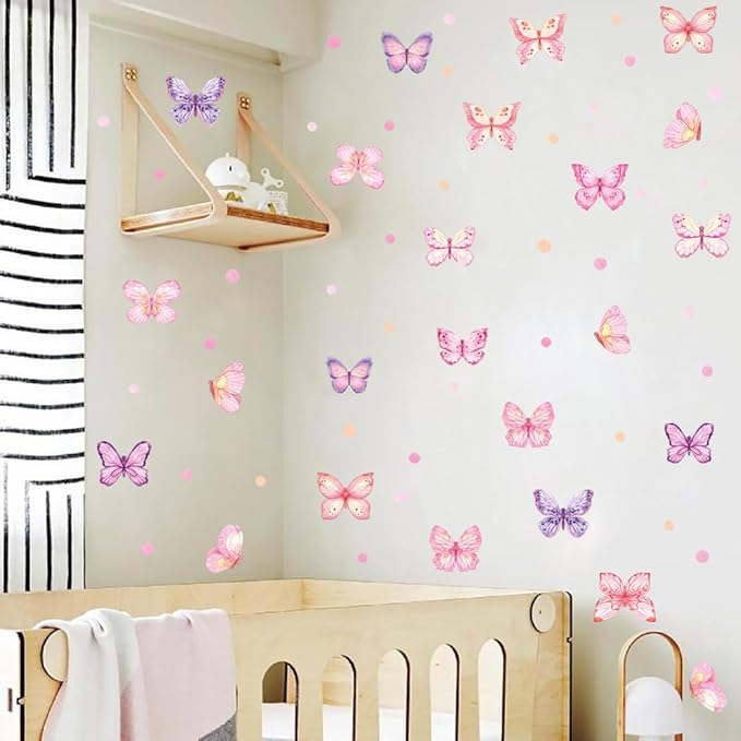 Pink Butterfly Wall Stickers,Butterflies with Plot Dots Vinyl Wall Decals, Removable Butterfly DIY Wall Art for Girl Bedroom Nursery Room Decor