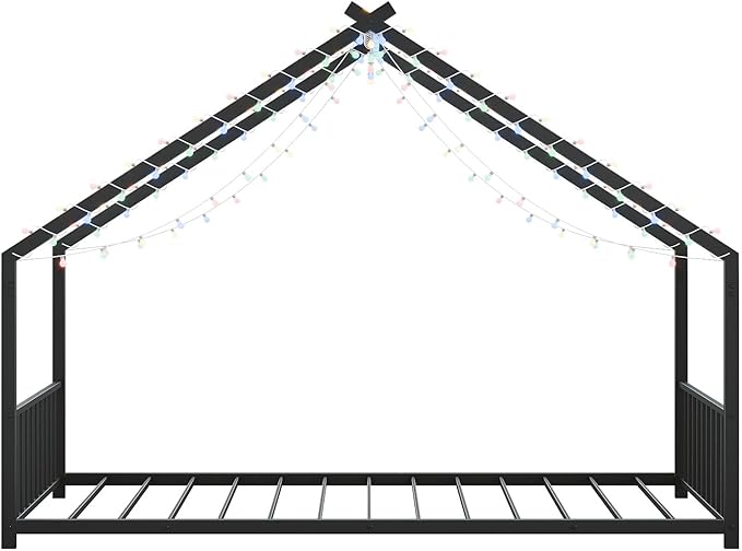 Bellemave Twin Size Montessori Floor Beds with Slats for Kids, Metal Twin House Bed for Kids, Black with Slats and Lights