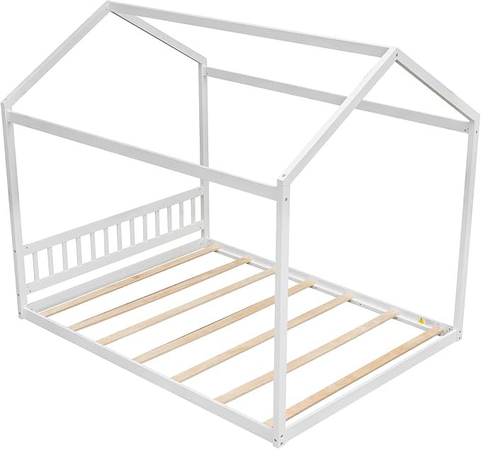 Bellemave Queen House Bed with Roof Wood Montessori Floor Beds for Kids Wood House Floor Bed Frame for Girls Boys Teens Adults, No Spring Box Needed, White