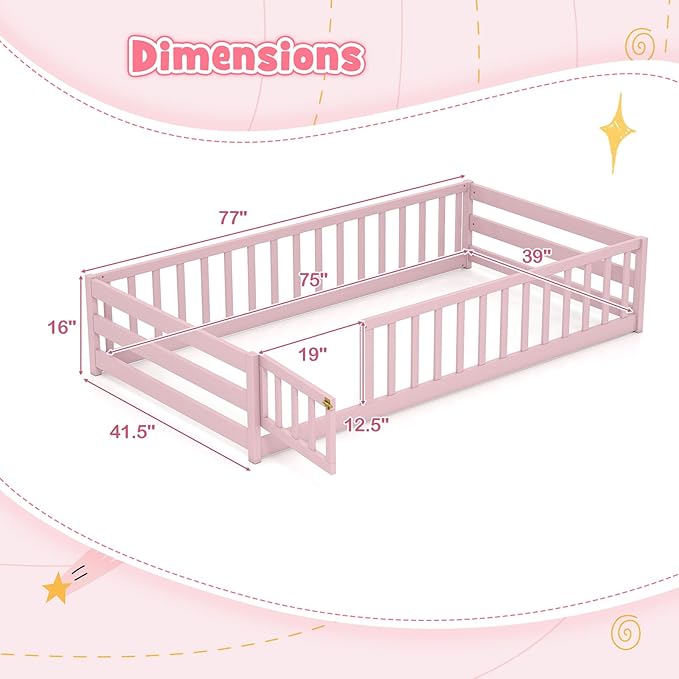 KOMFOTT Twin Size Wood Floor Bed with Door & Fence, Montessori Bed Frame with Full Length Safety Guardrails, Door & Latch, Wooden Montessori Floor Bed for Kids, Girls, Boys (Twin,Pink)
