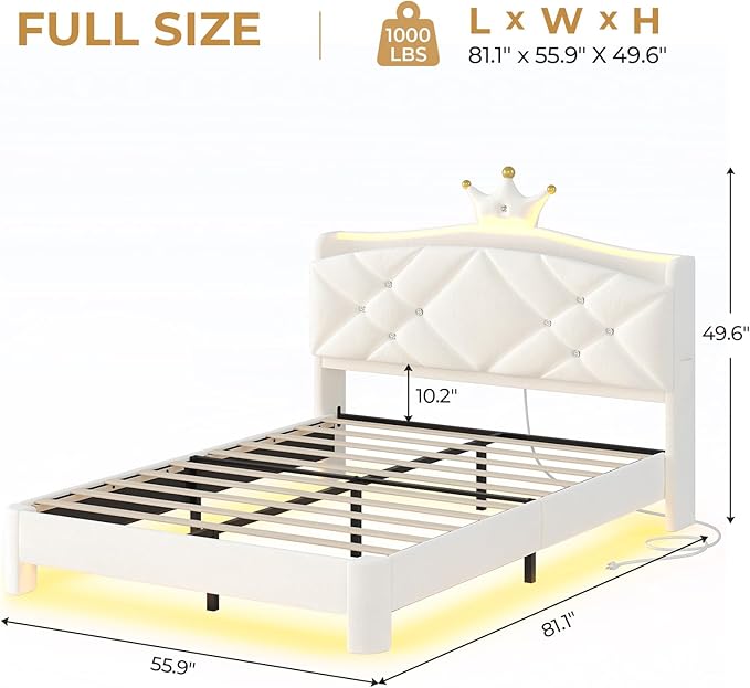 MSmask Full Bed Frame with LED Lights, Princess Upholstered Bed with Headboard with Charging Station & Crystal Button & Crown, Velvet Platform Bed for Girls, Solid Wood Slats, Curved Legs, White