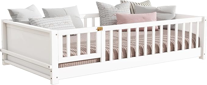 Twin Size Kids Montessori Floor Bed with Door,Twin Floor Bed Frame with Slats and Bookcase,Solid Wood Montessori Bed for Girls Boys,White