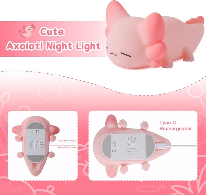 ZKLiLi Night Light for Kids Cute Axolotl Lamp,16 Colors+Tap+Remote+Silicone Night Light Gifts for Kids,USB Rechargeable Axolotl Night Lights for Room Decoration
