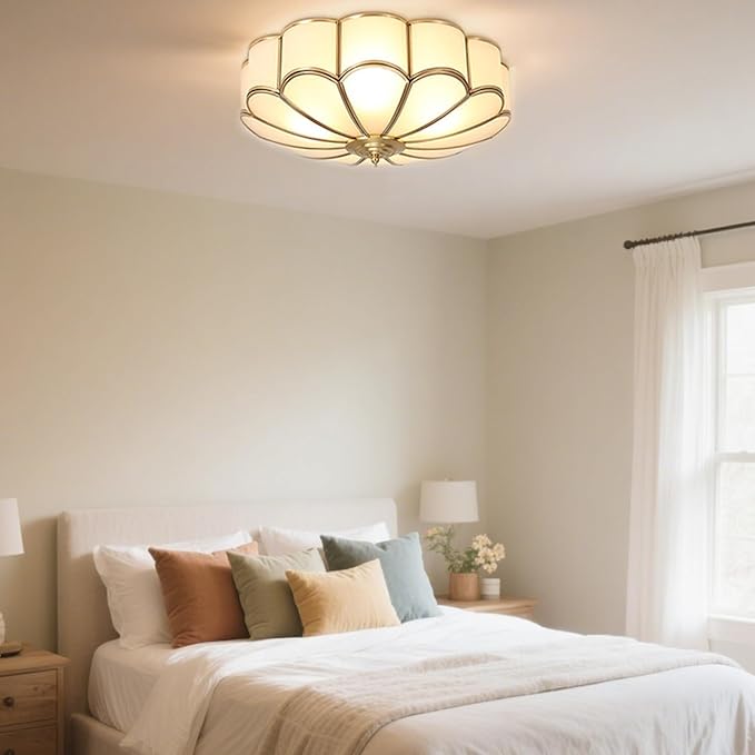 MIXL- Mid Century Brass Flush Mount Ceiling Light,LED Antique Brass Light Fixture, Modern Frosted Glass Ceiling Lamps for Living Room, Close to Ceiling Light Decorative for Bedroom(13.77" W)