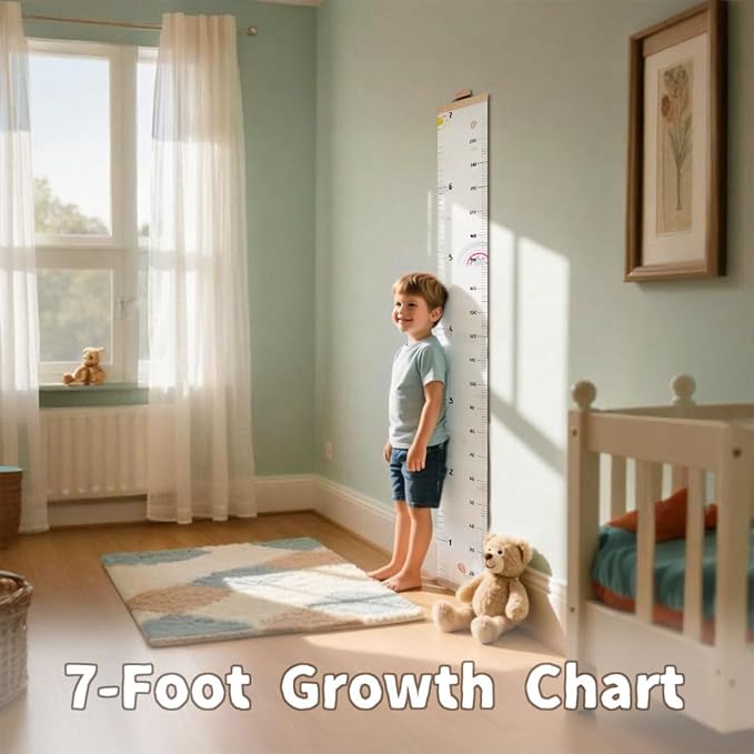 CEYAZYE Growth Chart for Wall, 7 Ft Height Chart Measurement for Kids, Waterproof Canvas Wall Tracker Ruler with Wooden Keepsake Box, Hook& Marker Pen, Neutral Nursery Room Decor Gift for Baby to Teen