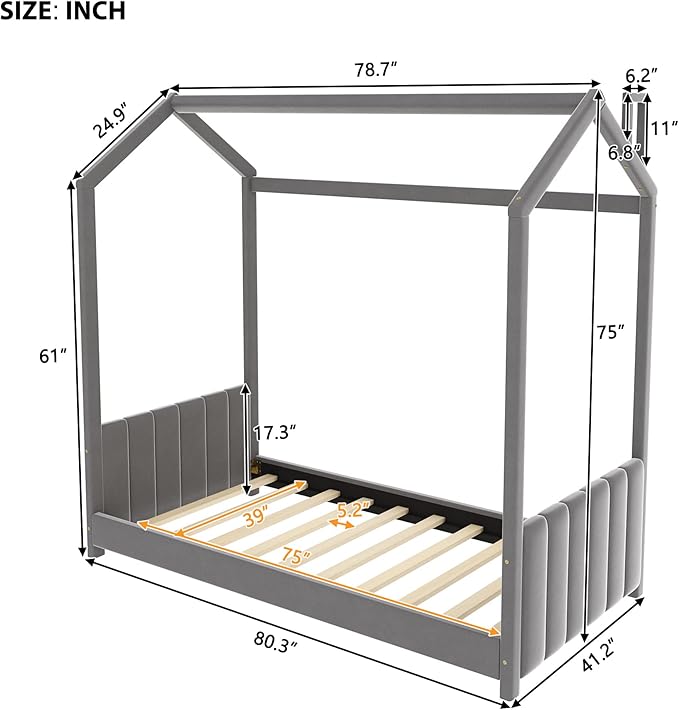 Ball & Cast Twin Size Floor Bed,Low to Ground Design Montessori Bed with Roof,Velvet Toddler House Bed Frame W/Slats,No Box Spring Needed,for Girls Boys,Gray