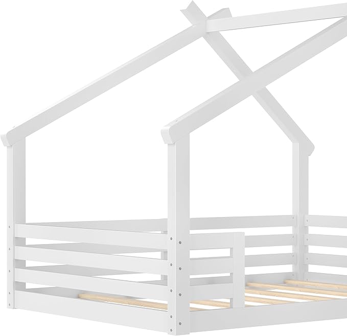 Polibi Full Size Floor Bed with House-Shaped Roof,Window and a Small Shelf, Solid Wood Low Profile Floor Bed for Kids, No Box Spring, White