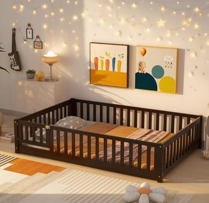 Bellemave Full Size Floor Bed for Kids, Girls, Boys, Rubber Wood Floor Bed with slats and Door, Espresso