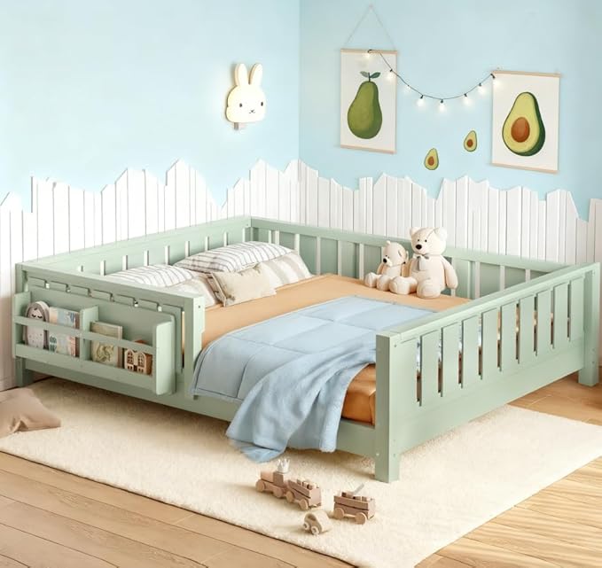 Bellemave Full Size Floor Bed with high Rails and with Built-in Bookshelf for Kids, Girls, Boys, Wood Montessori Floor Bed Without Door, Avocado Green