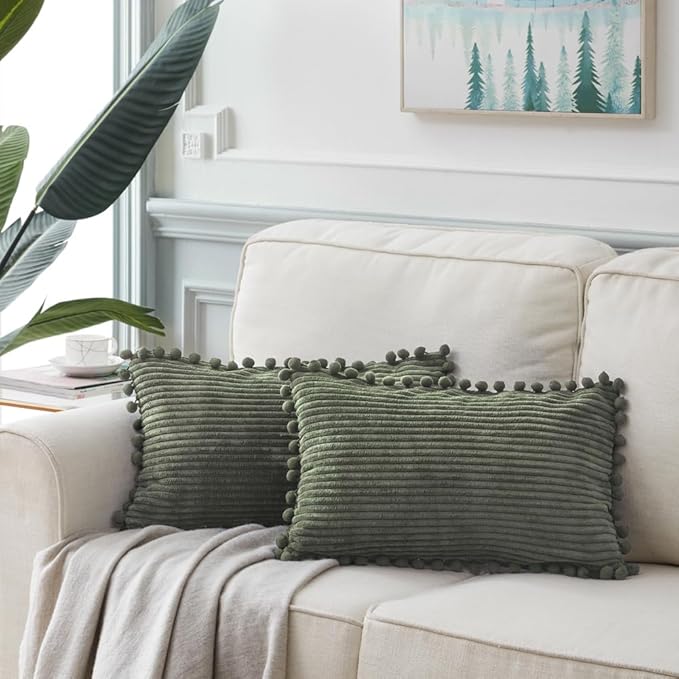 Fancy Homi 2 Pack Olive Green Lumbar Decorative Throw Pillow Covers 14x24 Inch with Pom-poms for Couch Bedroom Sofa, Soft Corduroy Solid Rectangle Cushion Case 35x60 cm, Farmhouse Boho Home Decor