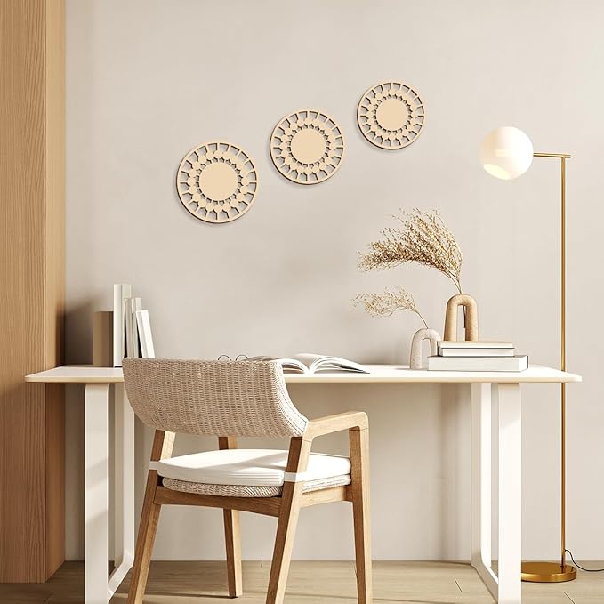 3Pcs Boho Wall Decor, Wooden Modern Circle Wall Art, Neuyral Minimalist Aesthetic Wood Decoration for Nursery Kids Room Living Room Kitchen Bedroom Office (Burlywood)