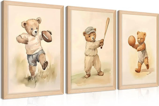 Framed Bear Wall Art Nursery Decor Set of 3, Cute Vintage Baby Bear Sports Pictures Wall Decor, Nursery Animal Poster Prints, Wild Animals Canvas for Children Bedroom Boy Room Decoration – 16x24 inch