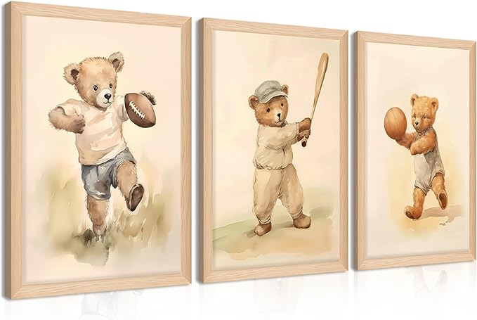 Framed Bear Wall Art Nursery Decor Set of 3, Cute Vintage Baby Bear Sports Pictures Wall Decor, Nursery Animal Poster Prints, Wild Animals Canvas for Children Bedroom Boy Room Decoration – 12x16 inch