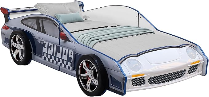 HMFULE Twin Bed Frames for Kids, Wood Hero Patrol Police Car -Shaped Bed Frame Platform with Wheels LED Lights & Slat Support for Toddler, Teens, Boys or Girls, No Box Spring Needed (Blue)