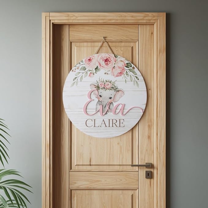 Personalized Name Signs for Kids Room, Floral Elephant Sign for Baby Door Decor, Newborn Gifts for Girl, Girls Nursery Wall Bedroom Decorations, Mother's Day Gifts for New Mom Dad Gift