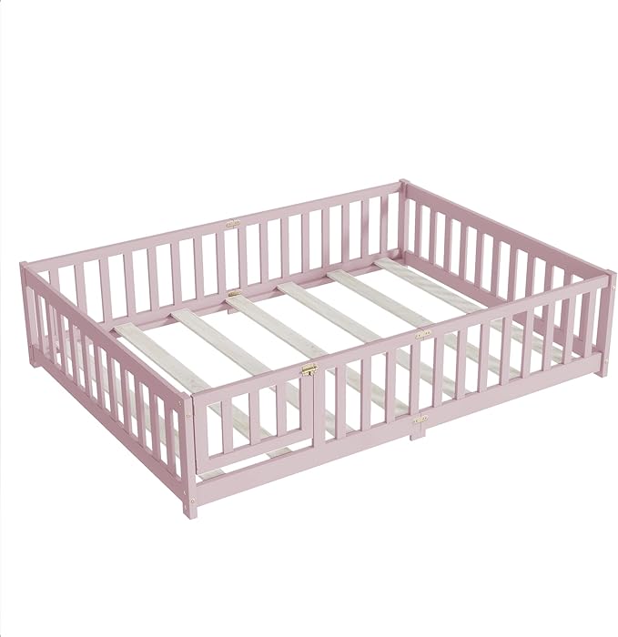 Full Size Floor Bed for Kids, Wood Montessori Floor Beds with Fence Railings, Door & Slats Support, Full Playhouse Bed Frame for Boys Girls, No Box Spring Needed, Pink