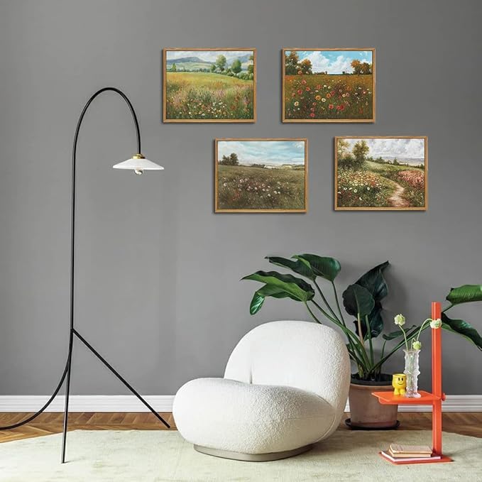OIQArtOIQ Vintage Landscape Framed Wall Art Summer Countryside Wildflower Field Path Canvas Art Prints Farmhouse Cottagecore Pictures Wall Decor Rustic Meadow Paintings Artwork For Kitchen Bedroom
