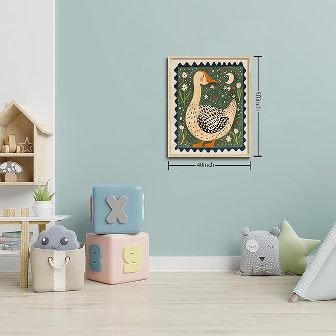 KISSFOX Framed Wall Art Nursery Wall Decor Yellow Duck Pictures Kids Cute Animal Canvas Art Boho Floral Paintings Artwork For Children Boys Girls Room