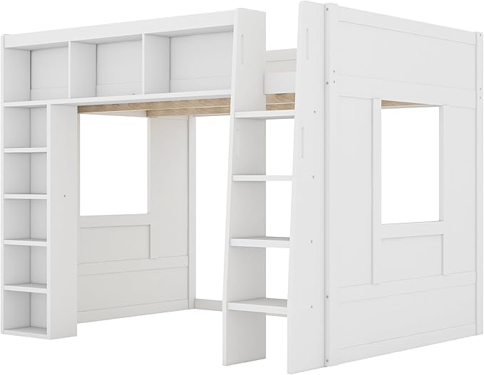Playhouse Design Queen Size Loft Bed with Built-in Storage Shelves and 2 Windows, Solid Wood Loft Bed Frame with Safety Guardrail for Kids Teens Boys Girls, Space-Saving (White-12.9)