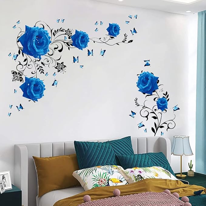 Supzone Blue Rose Wall Stickers Rose Flower Vine Wall Decal Blue Peony Floral Wall Decor DIY Vinyl Mural Art for Bedroom Living Room Sofa Backdrop