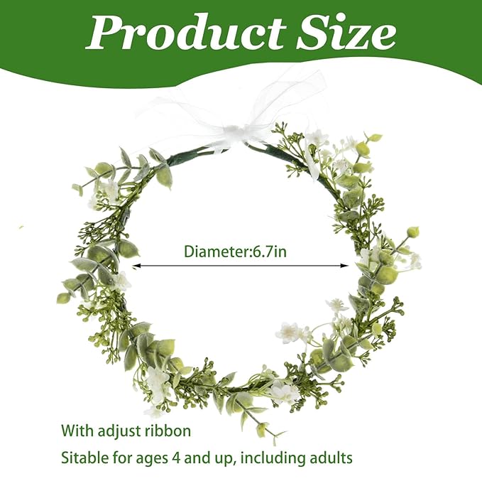 DreamLily White Baby‘s Breath Flower Crown Eucalyptus Crown Bride Bridesmaid Headpiece Boho Hair Wreath DFS18 (eucalyptus white)