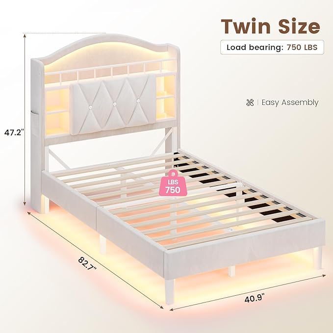 ADORNEVE Twin Size Bed Frame with LED Lights, Princess Velvet Upholstered Platform Bed for Girls, Headboard with Charging Station & Guardrail & Crystal Button, No Box Spring Needed, Beige