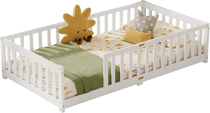 Twin Size Floor Bed for Kids, Wood Montessori Floor Beds with Fence Railings and Slats Support, Twin Playhouse Bed Frame for Boys Girls, No Box Spring Needed, White