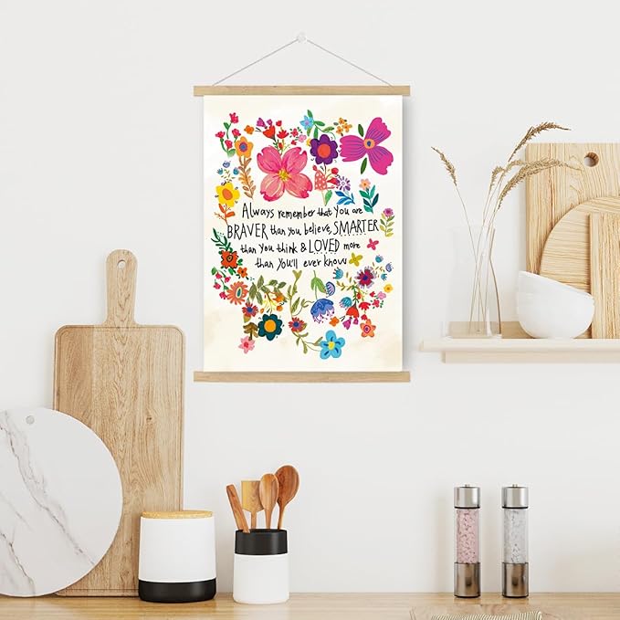 Qswo Inspirational Quotes Wall Decor for Women,Always Remember That You Are Braver Than You Believe Wall Art Poster Hanger Frame,Motivational Hanging Canvas Wall Decor for Girl Room Home Office
