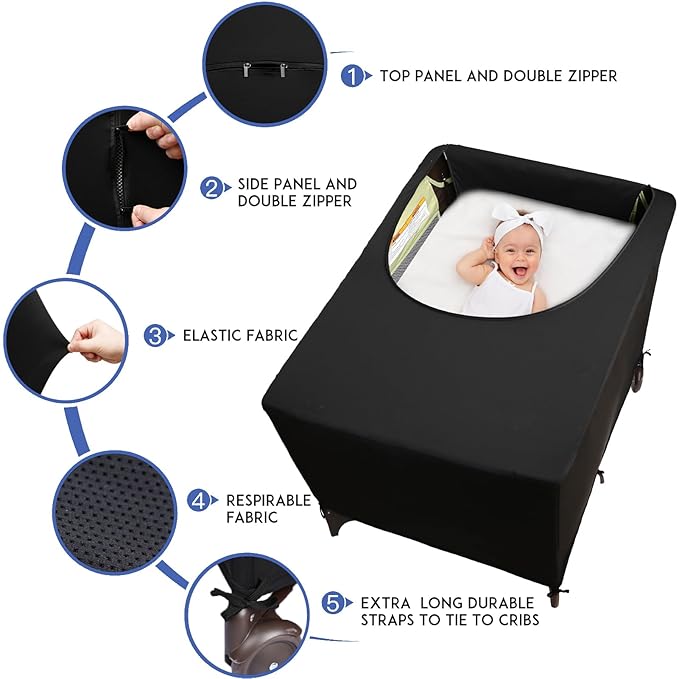Dofilachy Blackout Cover for Pack N Play - Crib Blackout Cover Tent - Canopy Cover - Breathable Travel Crib Tent - Portable Stretchy Blackout Tent(Pocket)
