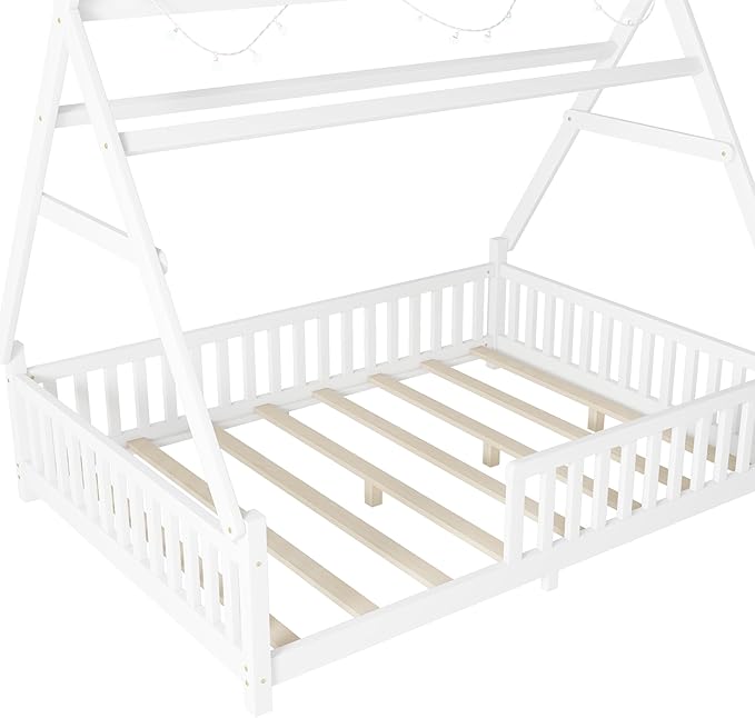 Full House Bed with Roof & LED Light, Low Profile House Bed with Fence, Safe Guardrails, DIY-Friendly for Boys & Girls, Solid Wood & MDF Construction, No Box Spring Required, White