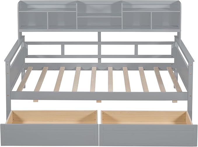 Harper & Bright Designs Twin Daybed with Storage, Wood Twin Size Bed Frame with Bookcase Headboard and 2 Drawers, Twin Sofa Bed with Shelves for Living Room Bedroom, No Box Spring Need, Grey
