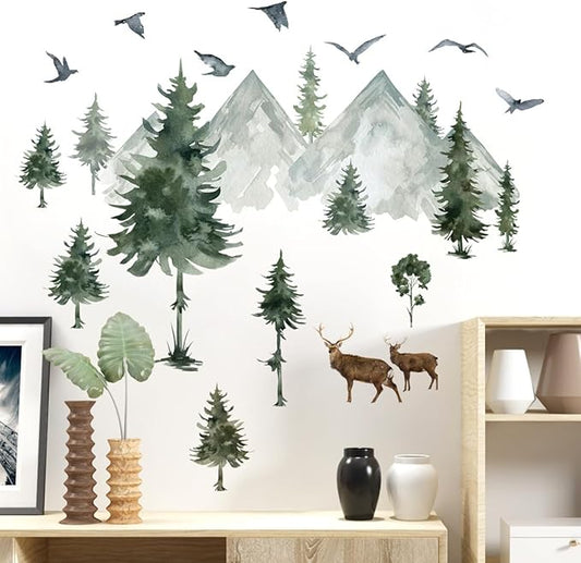 Watercolor Mountain Pine Tree Wall Decals Forest Tree Woodland Deer Birds Wall Stickers for Kids Bedroom Newsery Living Room Wall Decor