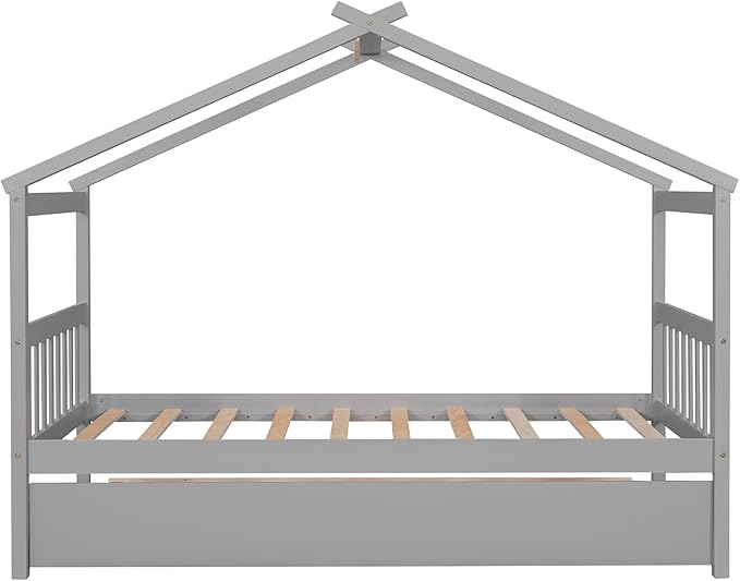 Merax Twin Size Wooden House Bed with Trundle, Wood Bed Frame with Roof for Kids, Teens, Boys or Girls, Grey