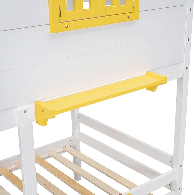 MERITLINE Twin Over Twin House Bunk Bed with Storage Drawers and Storage Box, Solid Wood Bunk Bed with Ladder,Shelf and Roof (White)