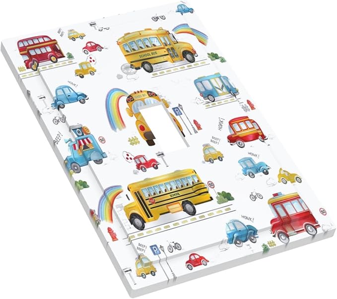 Kids Bus Taxi Truck 1 Gang Single Toggle Light Switch Covers Decorative Wall Plate Switchplate Electrical Faceplate for Nursery Kidsroom Bedroom Decor