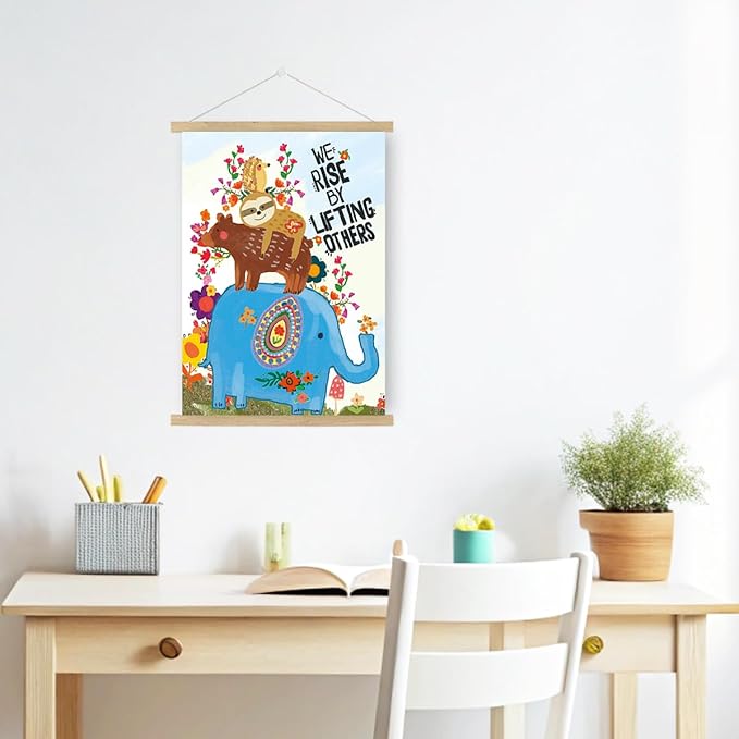 Qswo Inspirational Quotes Wall Decor for Kids,We Rise by Lifting Others Wall Art Poster Hanger Frame,Motivational Hanging Canvas Wall Decor for Kids Room Dorm Nursery