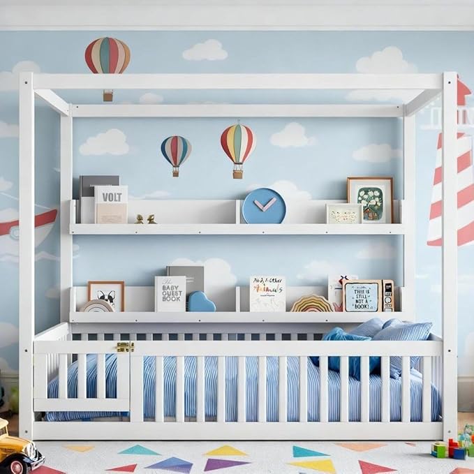 Bellemave Canopy Floor Bed Full Size with Safety Fence and Bookcase,Built in Four Poster Design,Full Montessori Floor Bed Frame for Toddlers,Kids,Boys,Girls,No Spring Box Needed（Full,White）